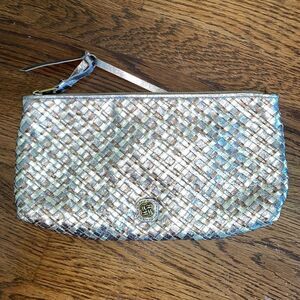 Elliott Lucca gold, silver & bronze woven clutch purse